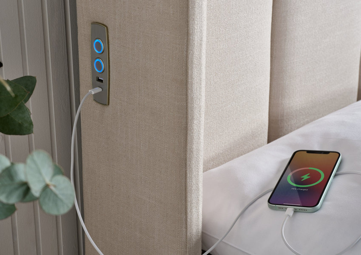 Smart Lift Electric Natural Klädd Med vingar Sängstomme med ottomane