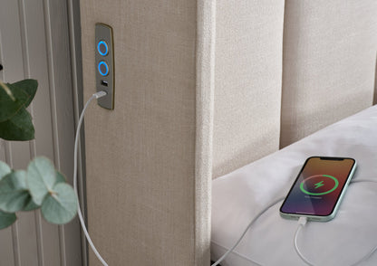 Smart Lift Electric Natural Klädd Med vingar Sängstomme med ottomane
