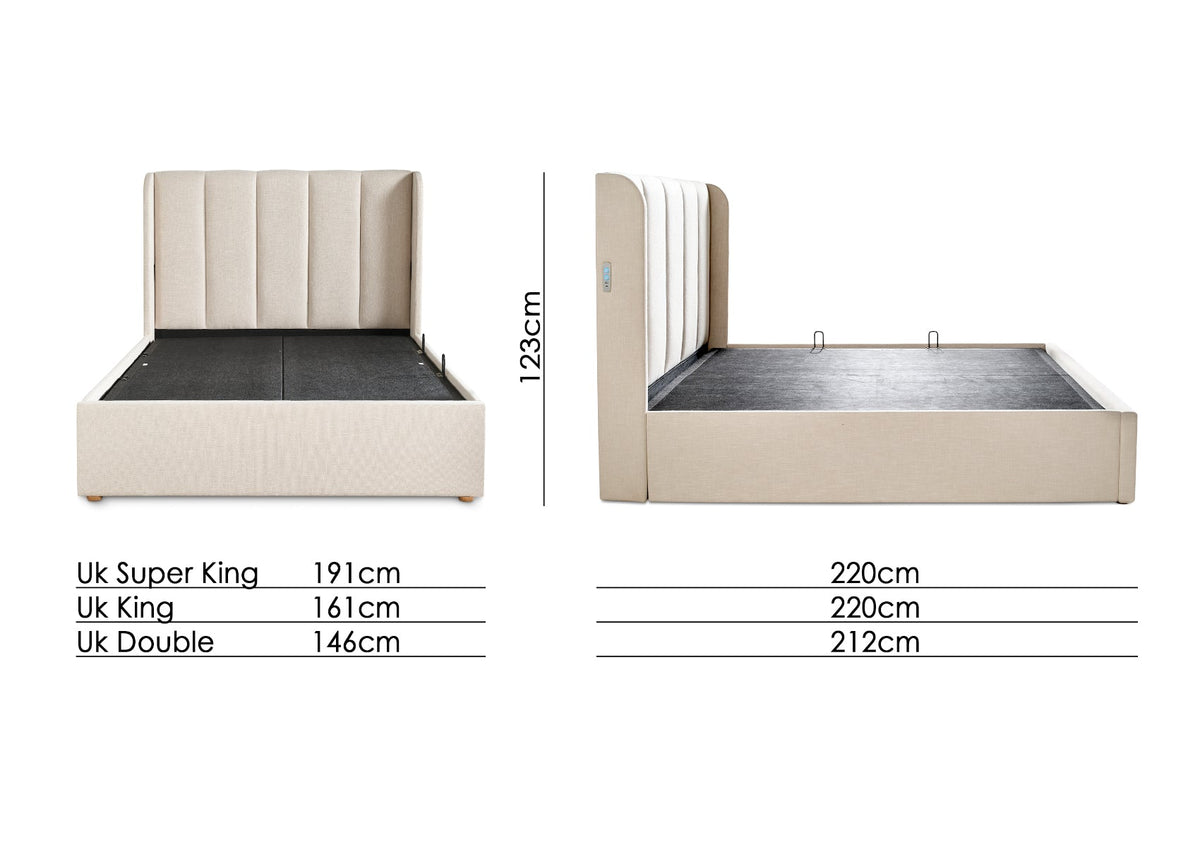 Smart Lift Electric Natural Klädd Med vingar Sängstomme med ottomane