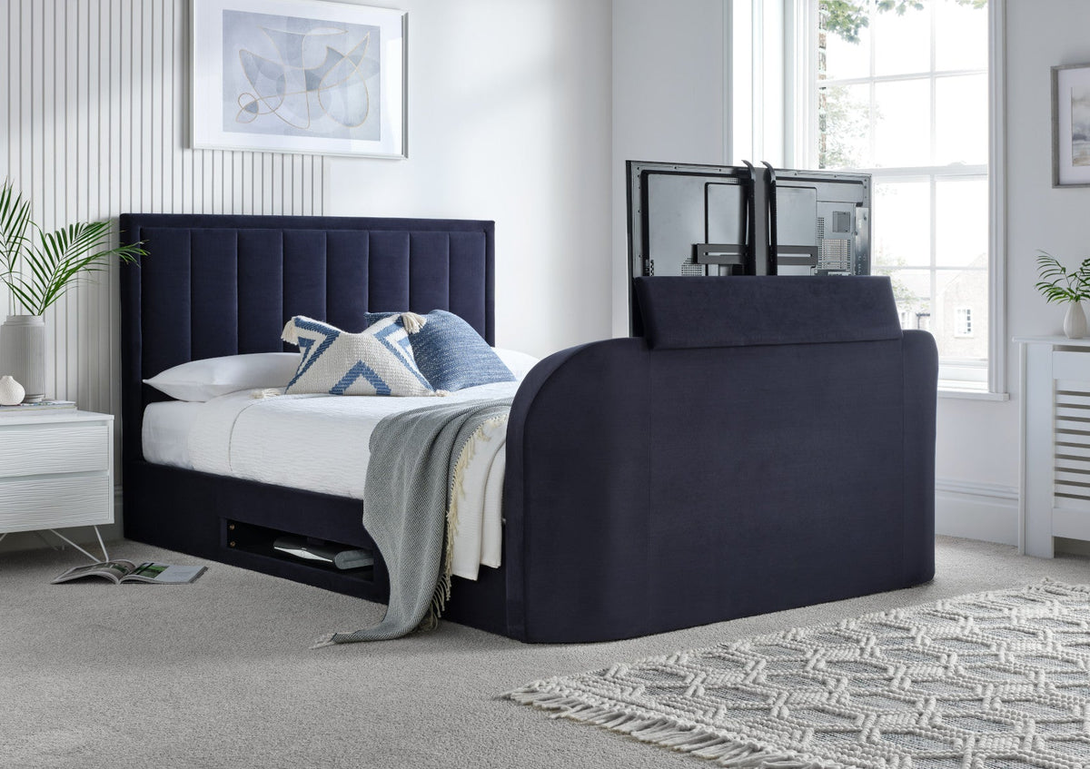 Santorini Klädd Ottoman TV Blue Sammet Endast sängstomme