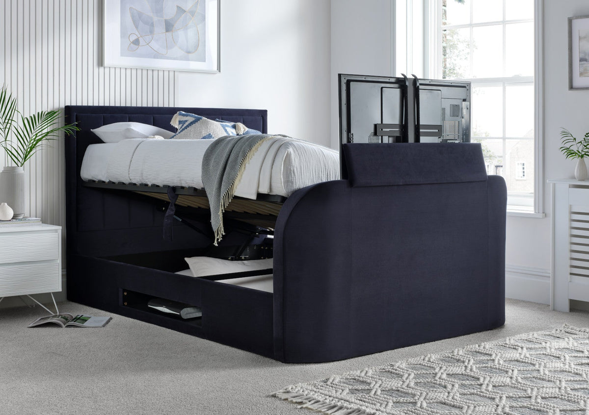 Santorini Klädd Ottoman TV Blue Sammet Endast sängstomme